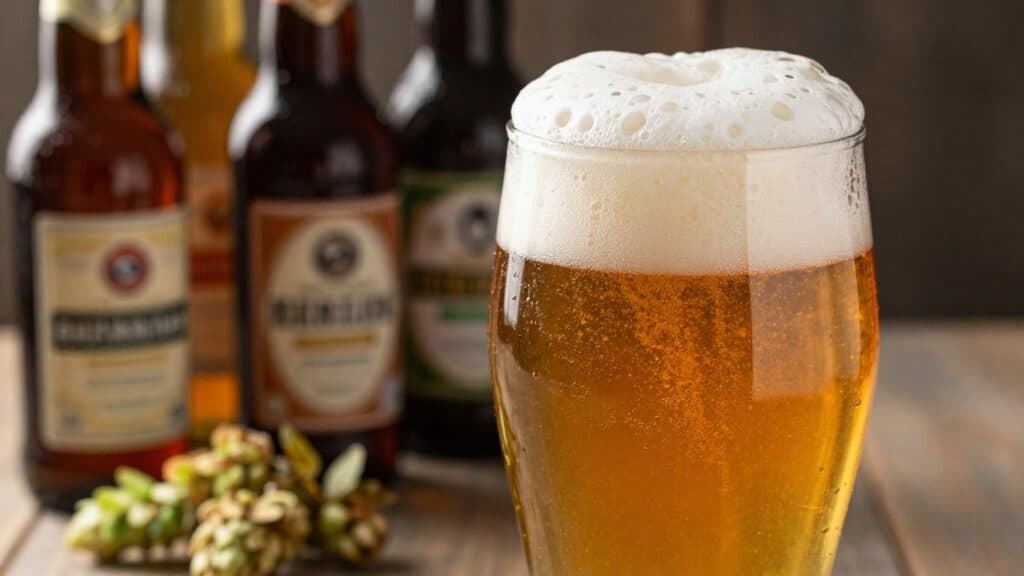 Glass of French craft beer with bottles and hops