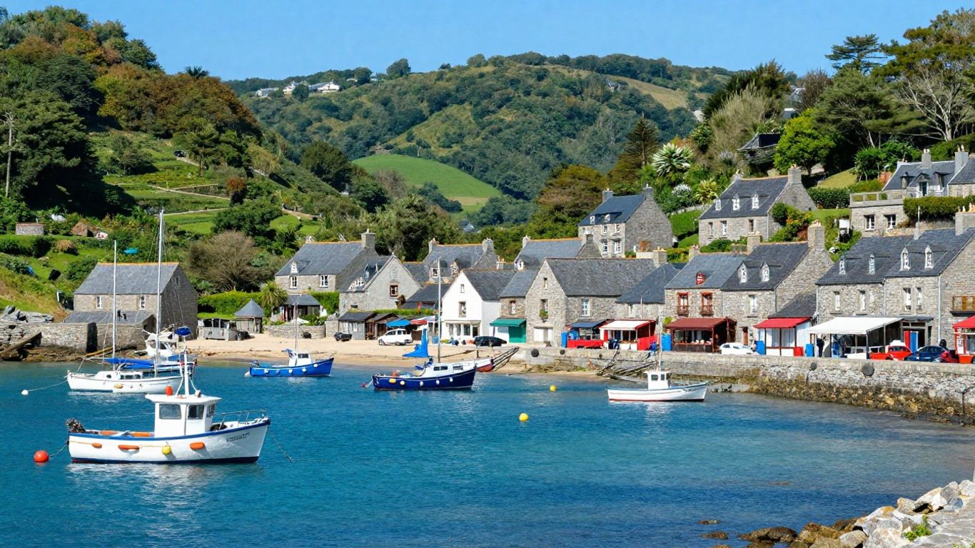 Brittany coastal village with colorful boats and stone houses.