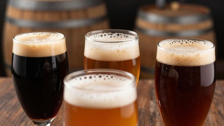 Barrel-aged beers in glasses with wine barrels