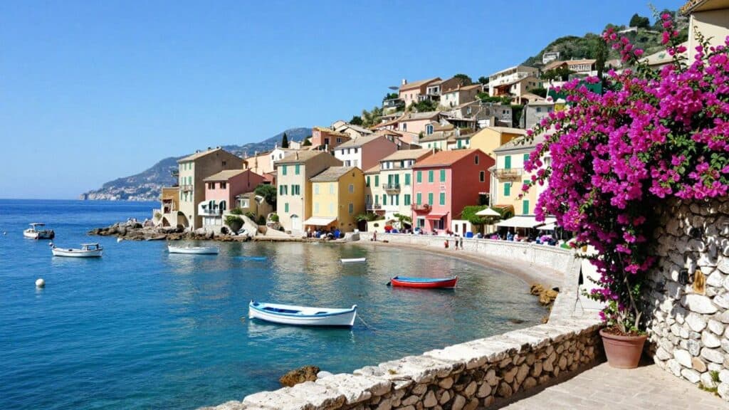 Picturesque South of France coastal village with blue sea.