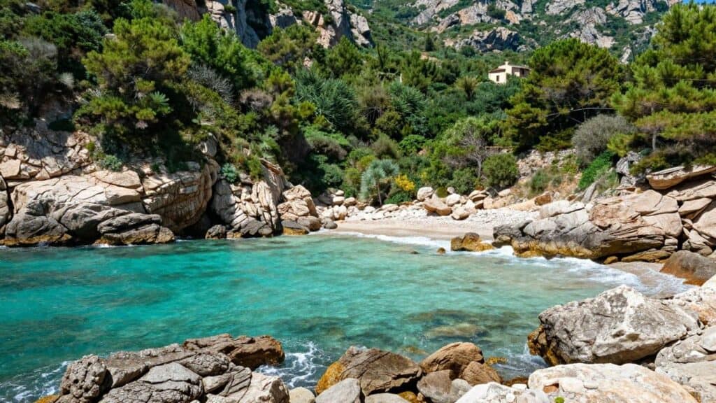 Hidden Corsican cove with turquoise water and rocky cliffs.