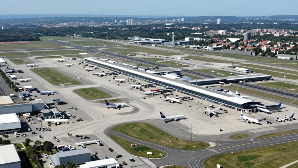 Aerial view of a busy French airport with planes and runways.