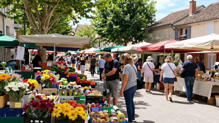Colorful French market stalls with fresh produce and flowers.