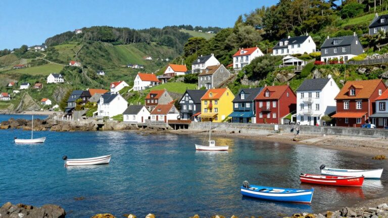 Colorful Basque village with mountains and ocean.