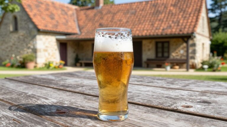 Glass of saison beer on a table, French farmhouse background.