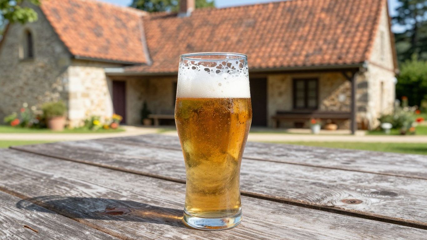 Glass of saison beer on a table, French farmhouse background.