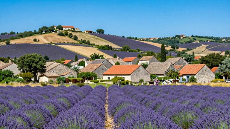 Charming French village with lavender fields in full bloom.