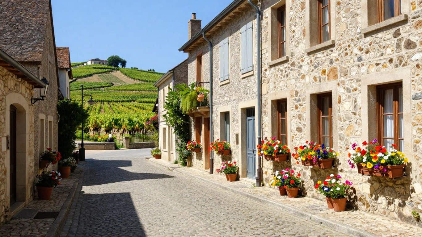 Charming French village street with flowers and vineyards.