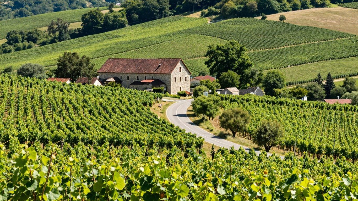 Scenic French road trip through vineyards to a brewery.