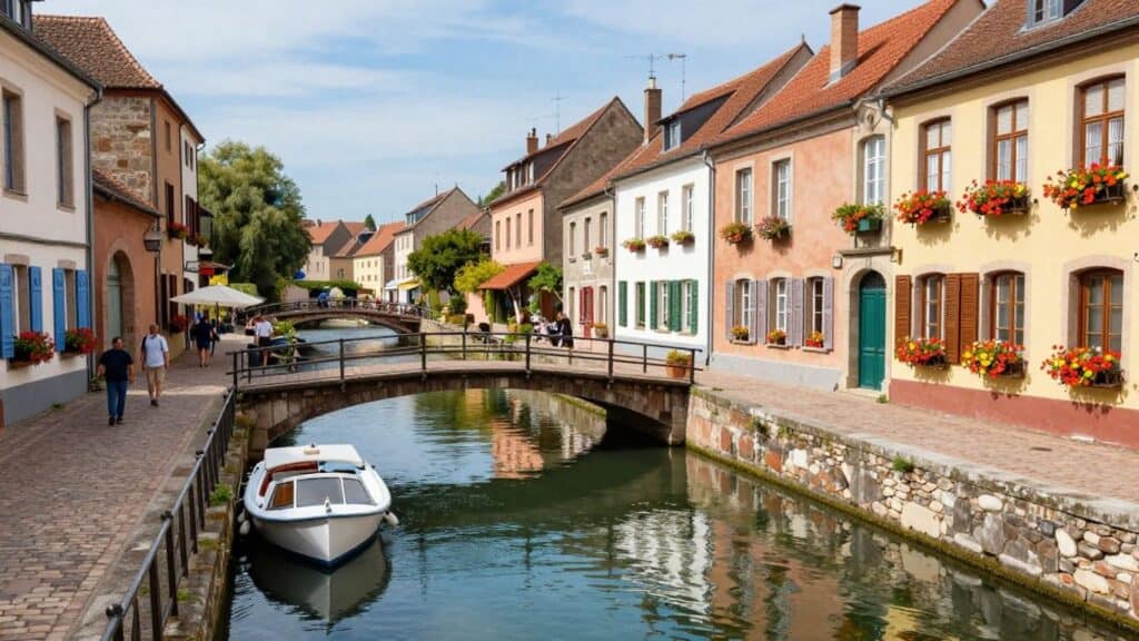 Charming French canal town with colorful buildings and bridges.