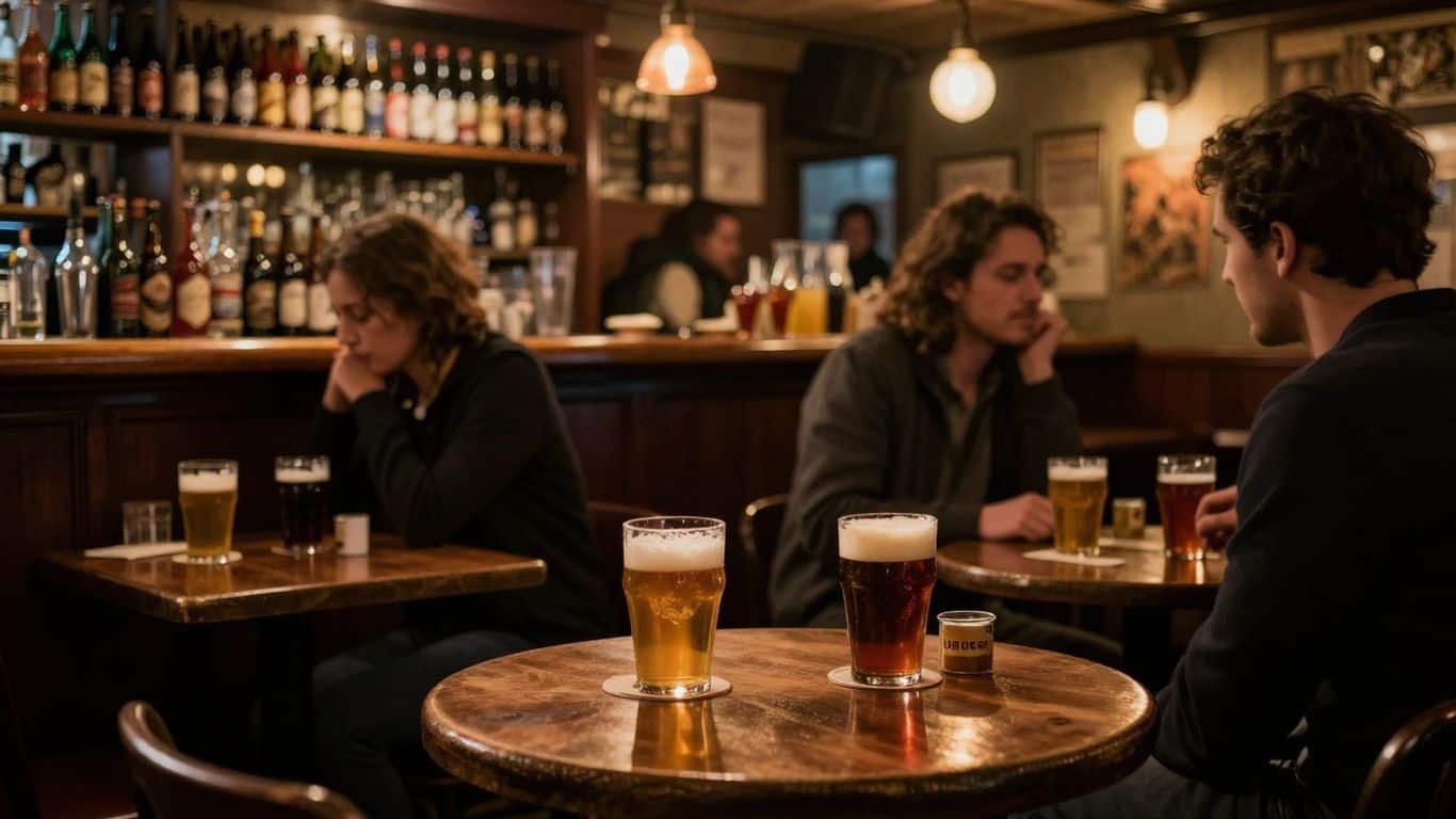 Cozy Parisian bar with craft beer and patrons.