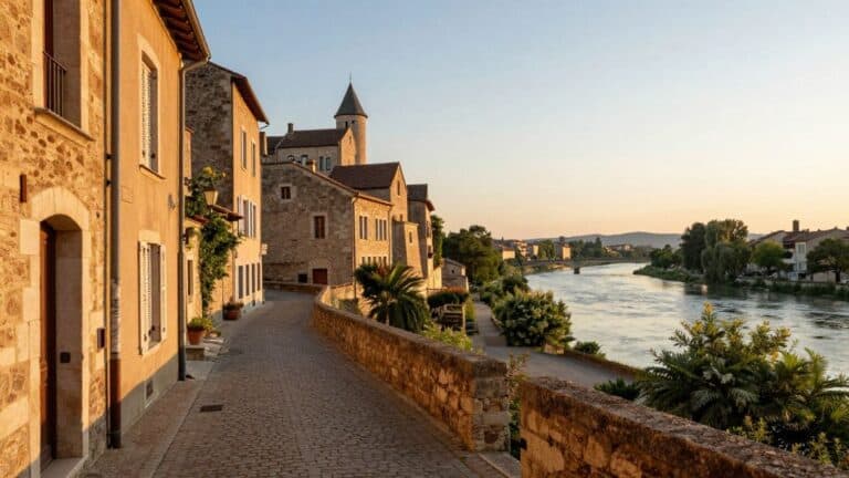 Scenic view of Valence, France with historic buildings and river.