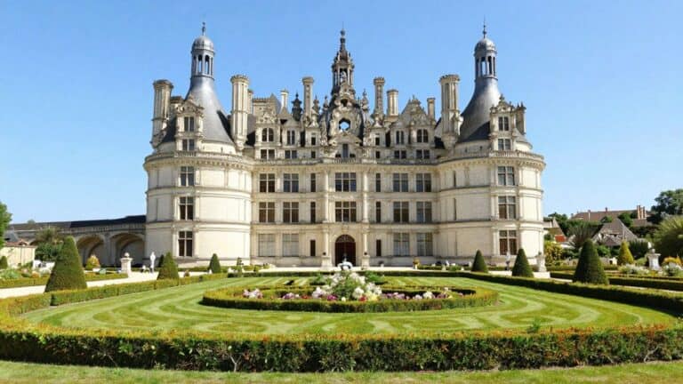 Elegant French château with lush gardens under a blue sky.