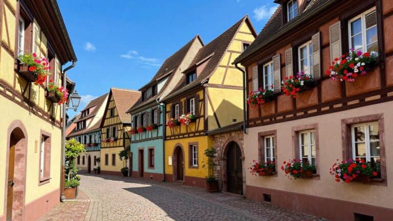 Charming Alsatian village with colorful half-timbered houses and flowers.