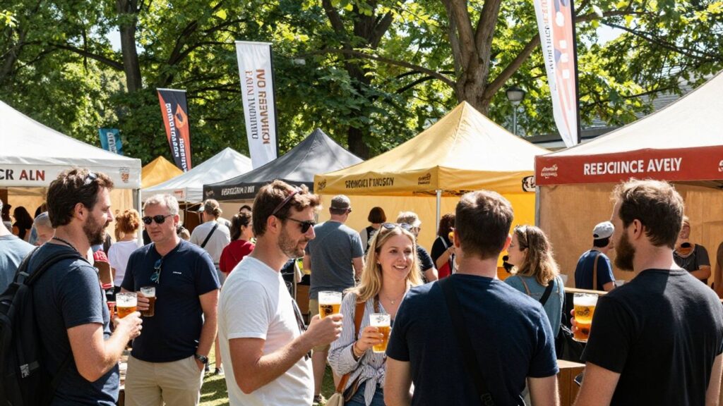 People enjoying craft beer at a French festival.