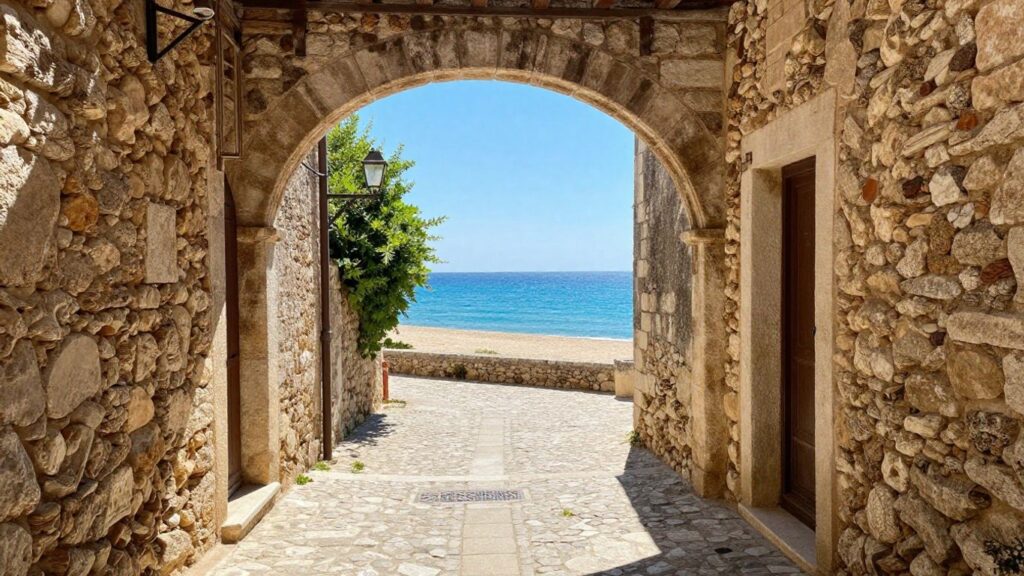 Ancient archway overlooking a quiet beach in Languedoc.