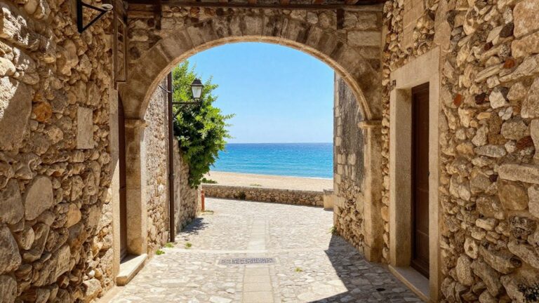 Ancient archway overlooking a quiet beach in Languedoc.