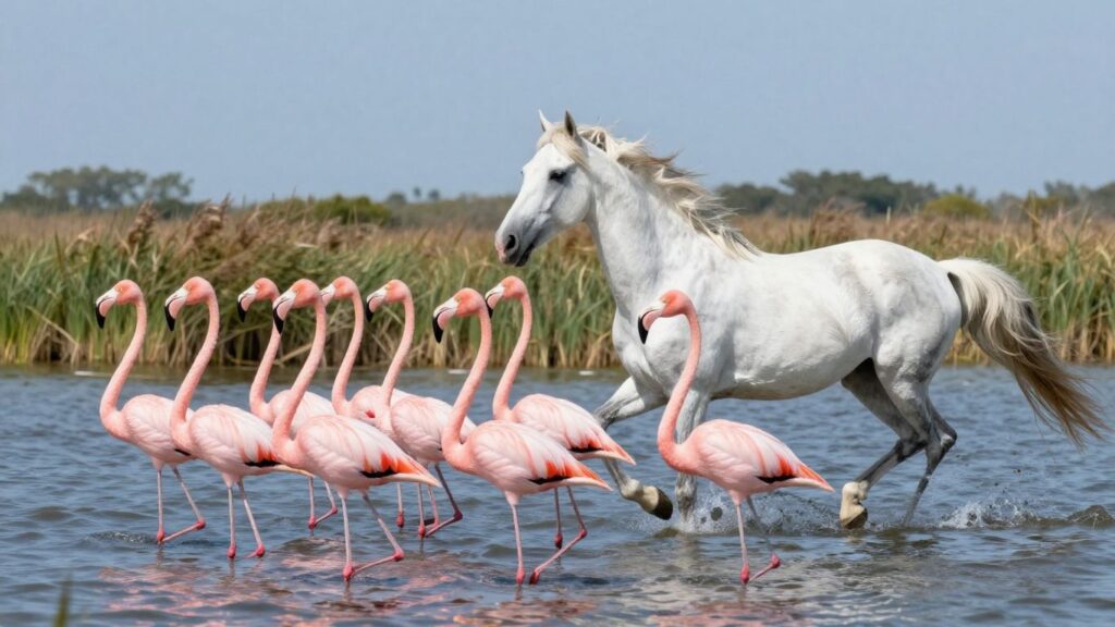 Pink flamingos and white horse in Camargue landscape.