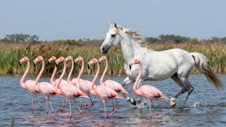 Pink flamingos and white horse in Camargue landscape.