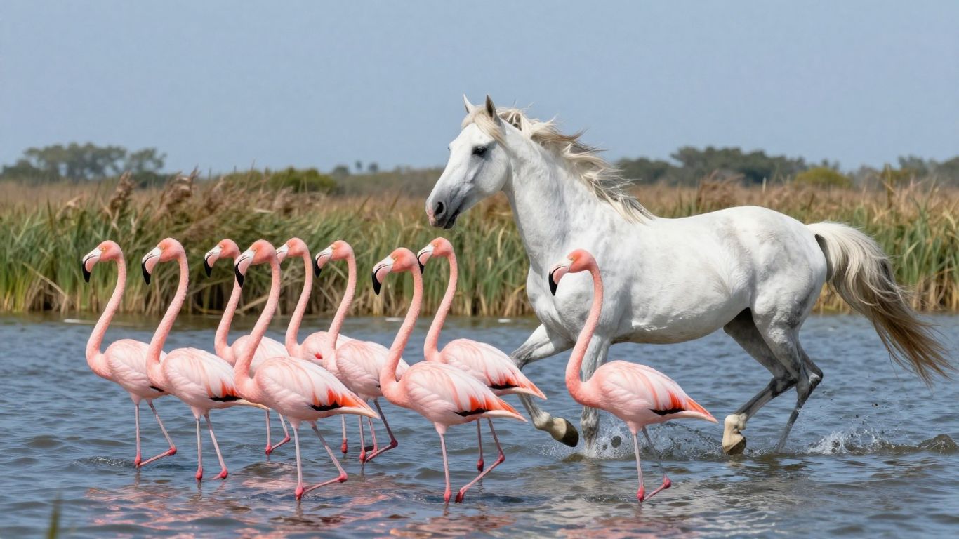 Pink flamingos and white horse in Camargue landscape.