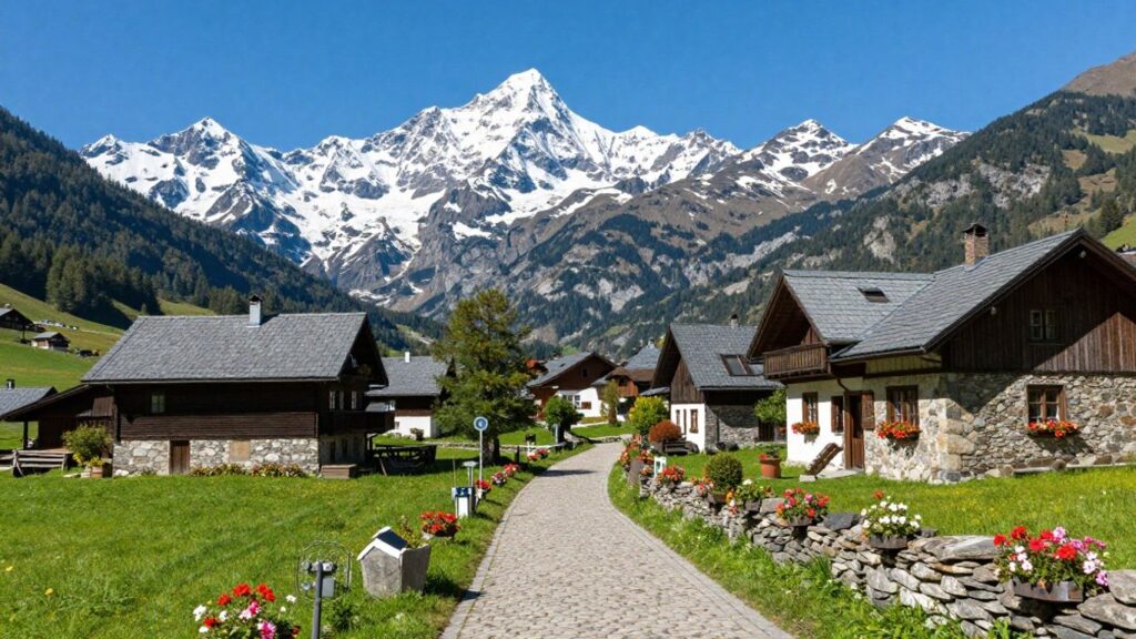 Snowy French Alps village with a mountain backdrop.