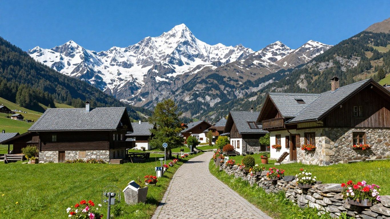 Snowy French Alps village with a mountain backdrop.