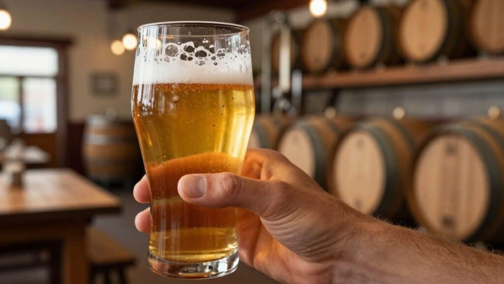 Person holding a craft beer in a brewery