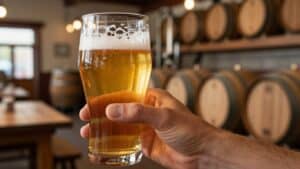 Person holding a craft beer in a brewery