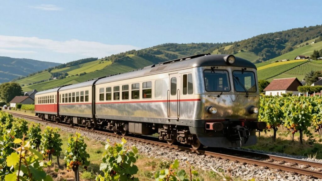 French train traveling through scenic countryside