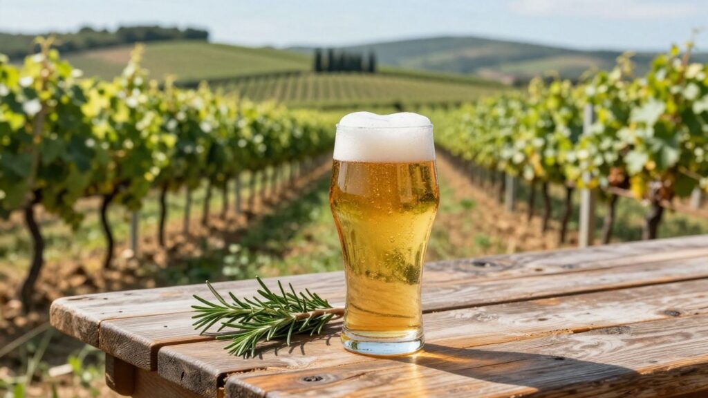 Craft beer glass with rosemary sprig in Provence vineyard.