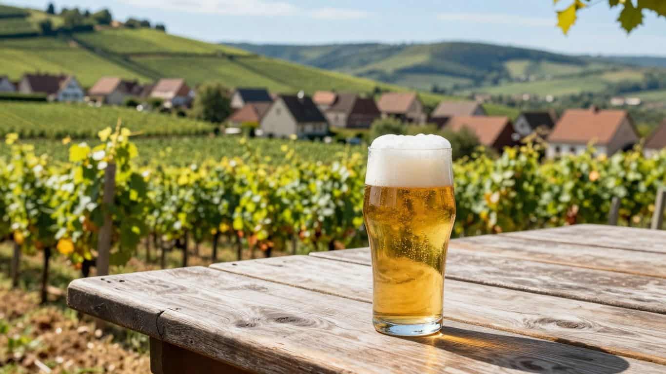 Alsace vineyard landscape with a pint of beer.