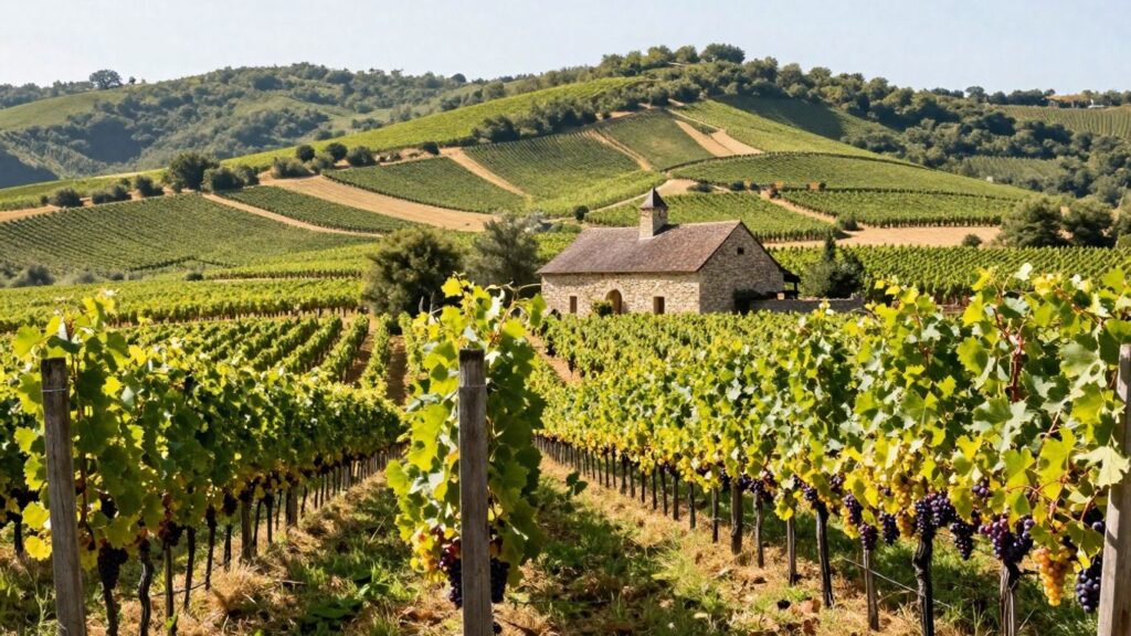Vineyard landscape in rural France with rolling hills.