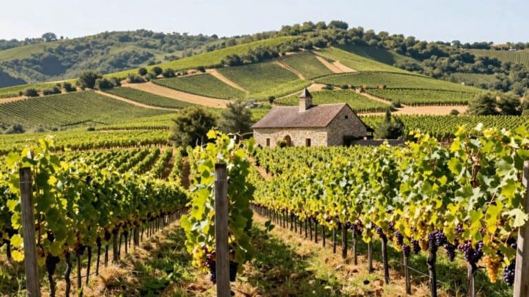 Vineyard landscape in rural France with rolling hills.