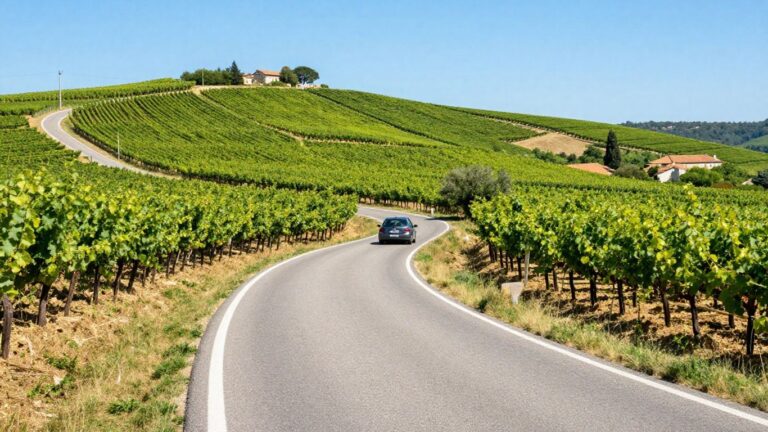 Scenic French countryside road with vineyards and hills.