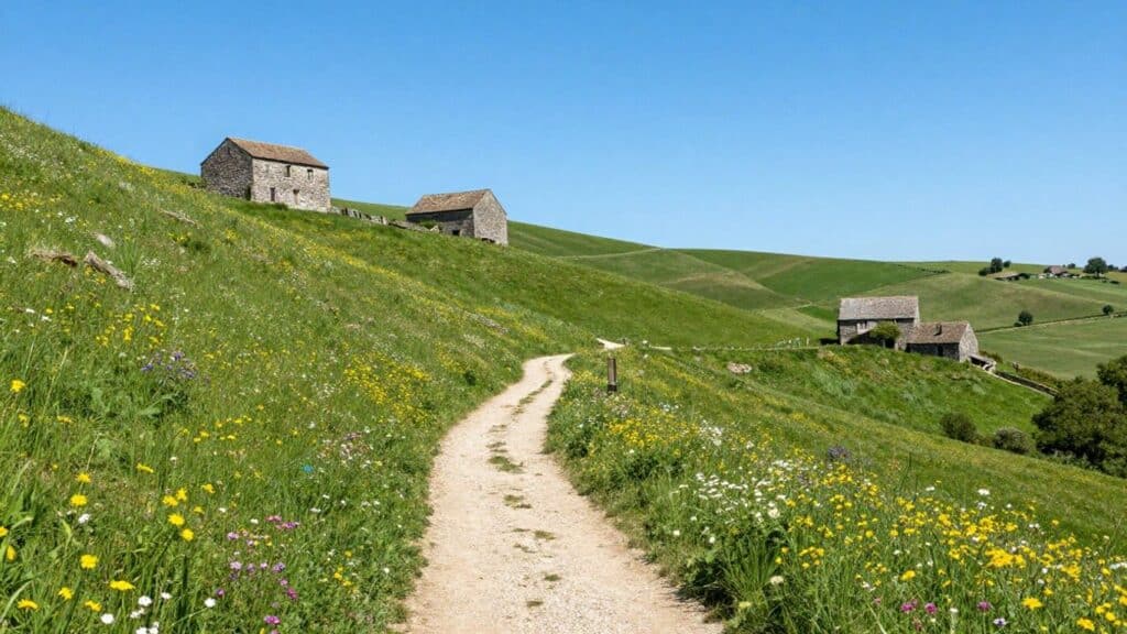 Scenic hiking trail through French countryside with wildflowers.