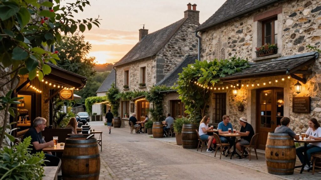 French village microbrewery street with people and barrels