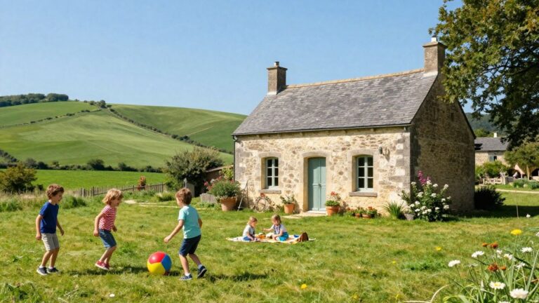 Family enjoying a picnic in the French countryside.