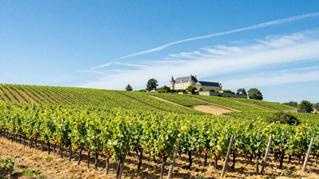 Vineyards and château in the Loire Valley, France.