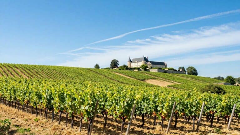 Vineyards and château in the Loire Valley, France.