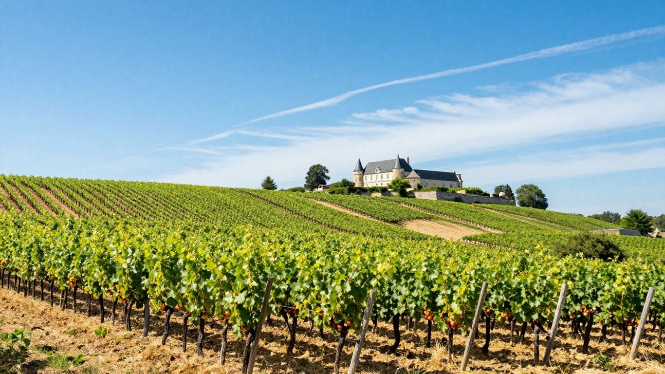 Vineyards and château in the Loire Valley, France.