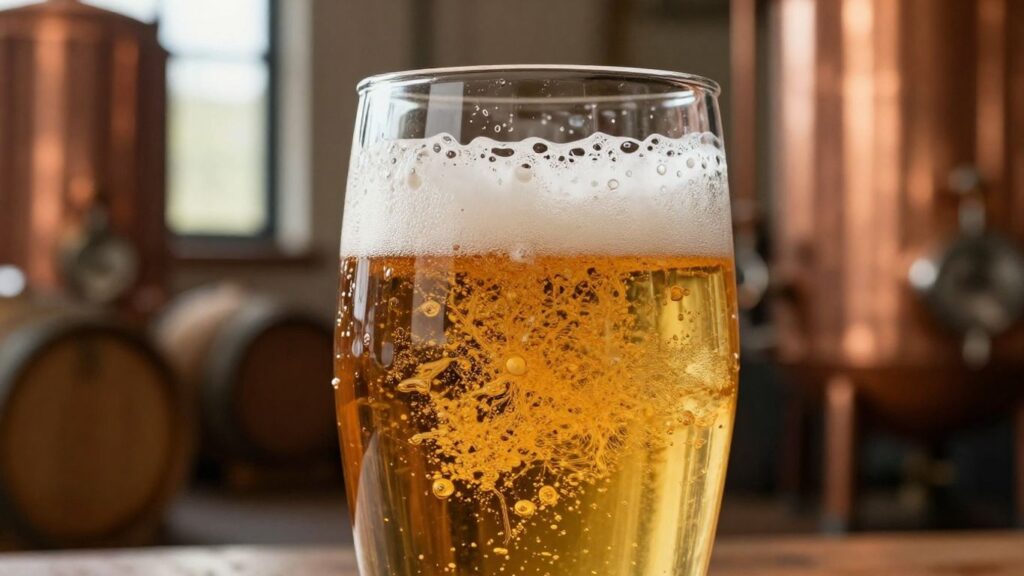 Frothy beer in a glass with brewing equipment background.