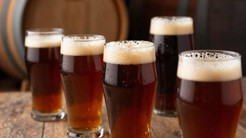 Barrel-aged beers in glasses with wine barrels