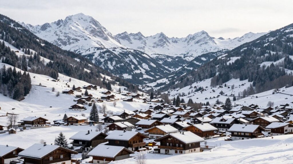 Snowy French village with mountains in winter.