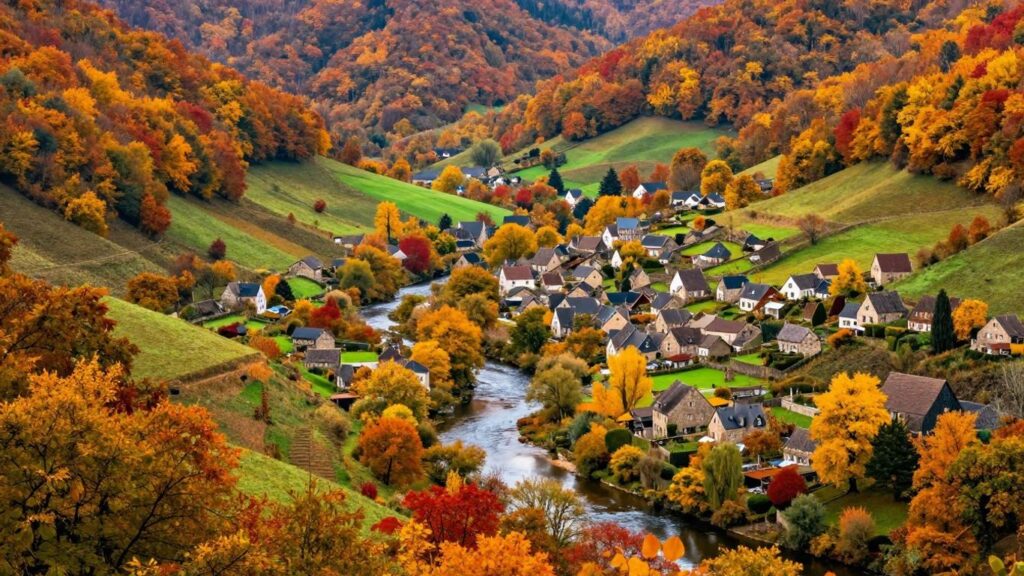 Autumnal French landscape with colorful foliage and village.