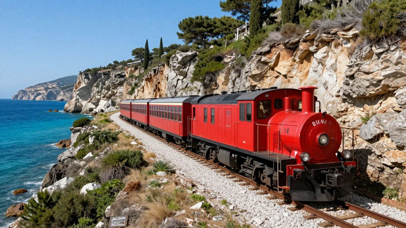Scenic train journey along the Mediterranean coast of Southern France.