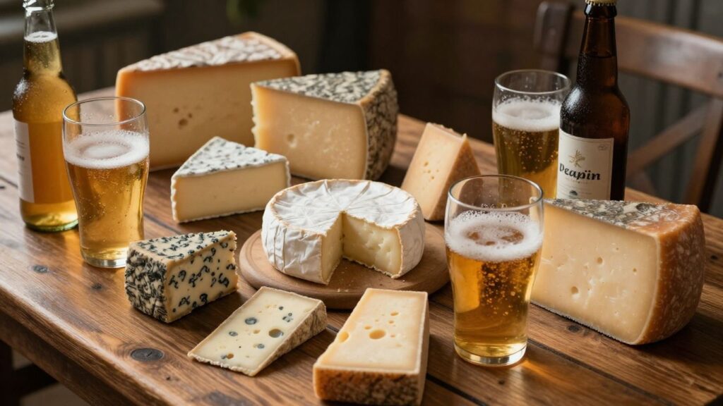 French beer and cheese pairings on a table.