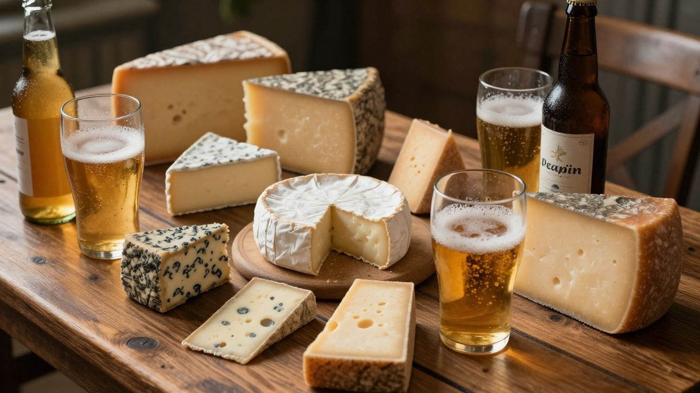 French beer and cheese pairings on a table.