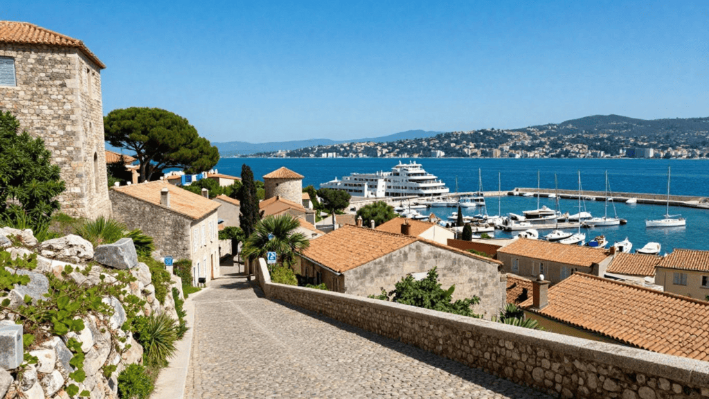 Stone houses with terracotta roofs along a cobblestone street overlooking a marina with yachts.