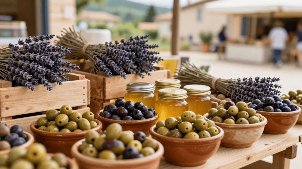Market stall with bowls of green and black olives, jars of honey, and lavender bundles in wooden crates.