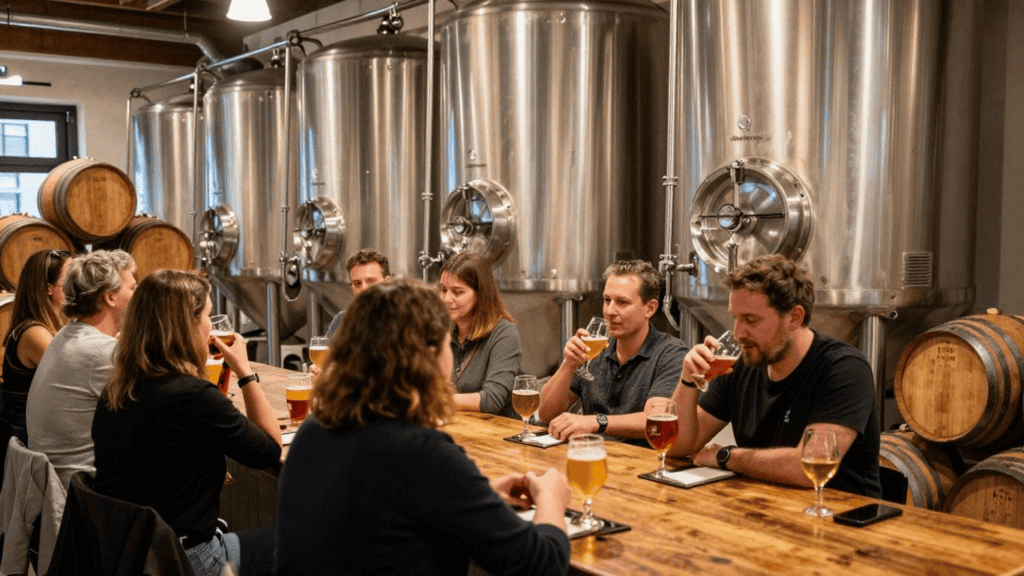 Group of people taste-testing beer at a brewery bar, with large stainless steel fermentation tanks and wooden barrels in the background.
